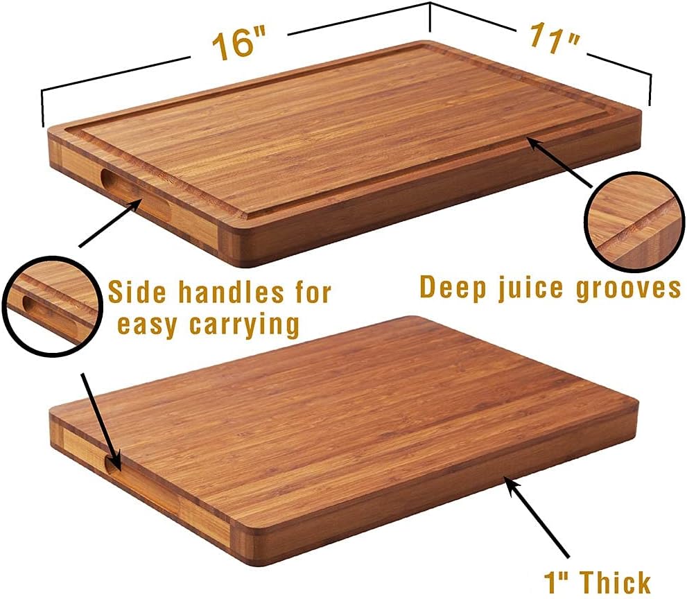 Bamboo Wood Cutting Board for Kitchen, 1" Thick Butcher Block, Cheese Charcuterie Board, with Side Handles and Juice Grooves, 16x11" - Image 2